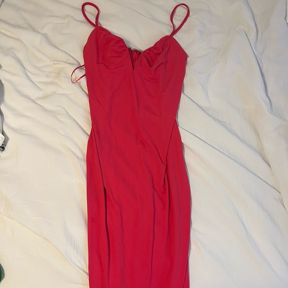 Zara fuchsia/hot pink midi dress with cleavage cut